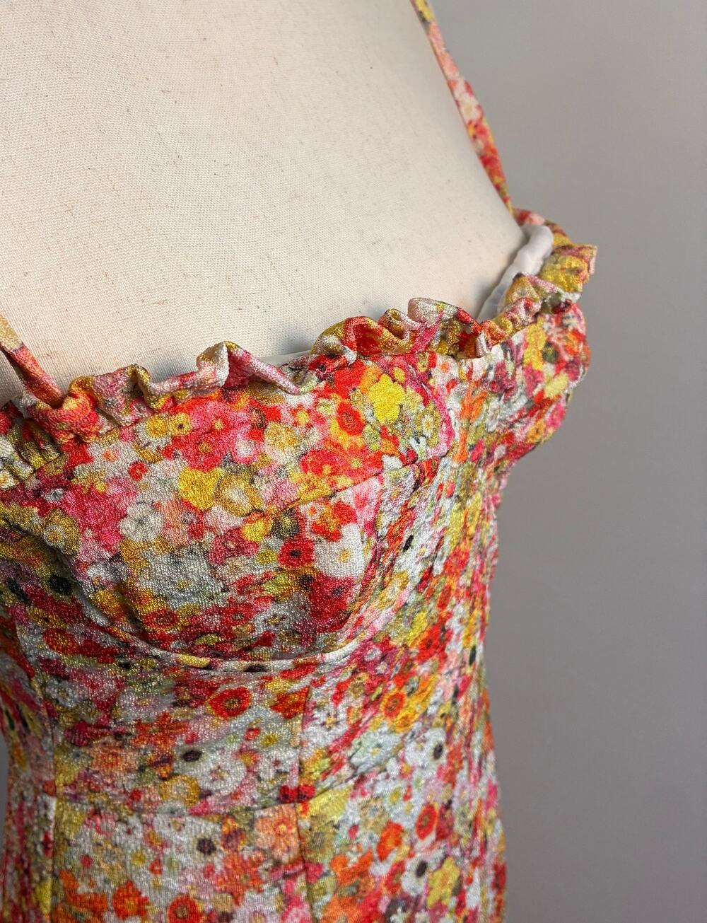 Hutch Floral Midi Dress Size XS Spaghetti Straps Bustier Ruffle Hem